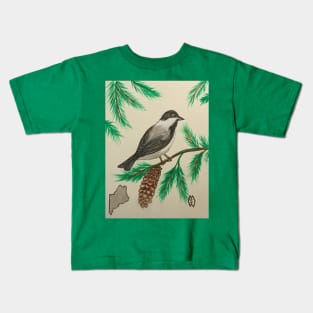 Maine state bird and flower, the chickadee and pine cone Kids T-Shirt